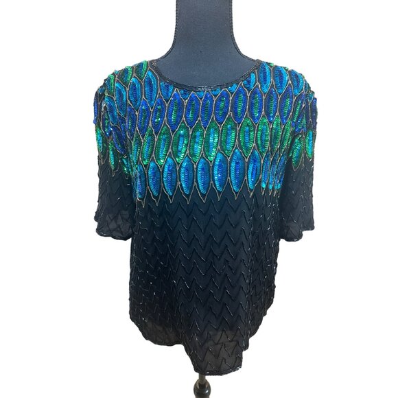 Vintage Sequin Peacock Feather Top Black Silk Blouse By Tenay Heavily Beaded - Picture 1 of 12
